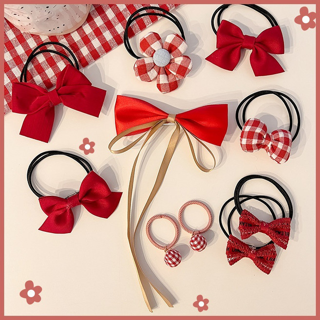 兒童蝴蝶結髮圈女童寶寶可愛頭飾小女孩不傷發皮筋扎頭髮頭繩髮飾1041C紅色蝴蝶結10件套(發繩)默認顏色