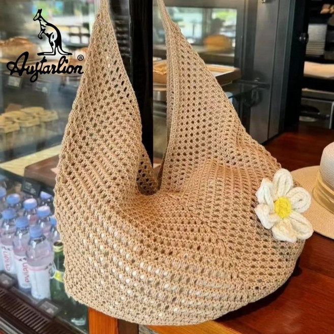 Augtarlion 編織單肩包 托特包 花朵海邊度假沙灘包, 1個, A花朵編織包卡其色