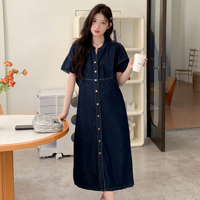 임산부 여름 수유 원피스 데님 롱 원피스 청춘 여름 캐주얼 반팔 단추 포인트 편안한 스타일 JS