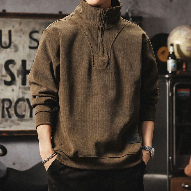 페이준 남성 가을 겨울 코듀로이 맨투맨 빈티지 오버핏 하이넥 반집업 맨투맨 긴팔티 YF112521