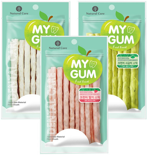 네츄럴코어 강아지 덴탈간식 크런치스틱껌x3개, 3개, 80g, 혼합(밀크+딸기+시금치)16P