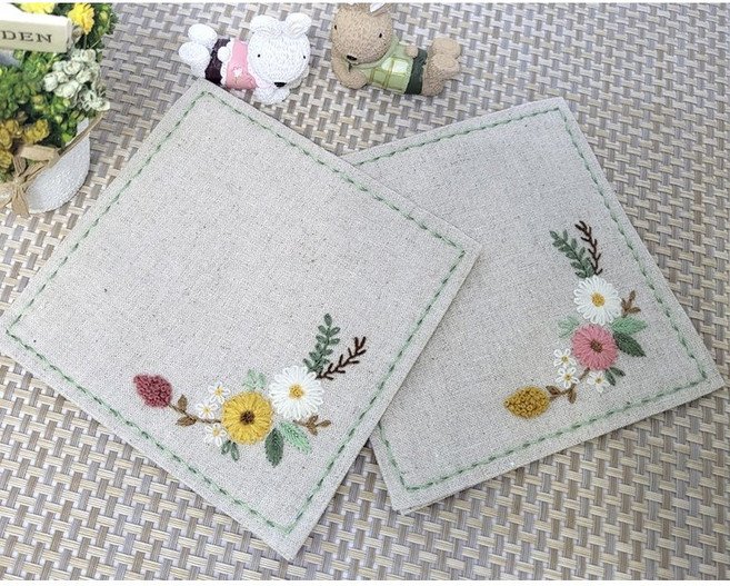 [동영상강의포함] 프랑스자수 울(Wool)실로 수놓은 티코스터 만들기 DIY 패키지, 린넨색 2p, 1세트