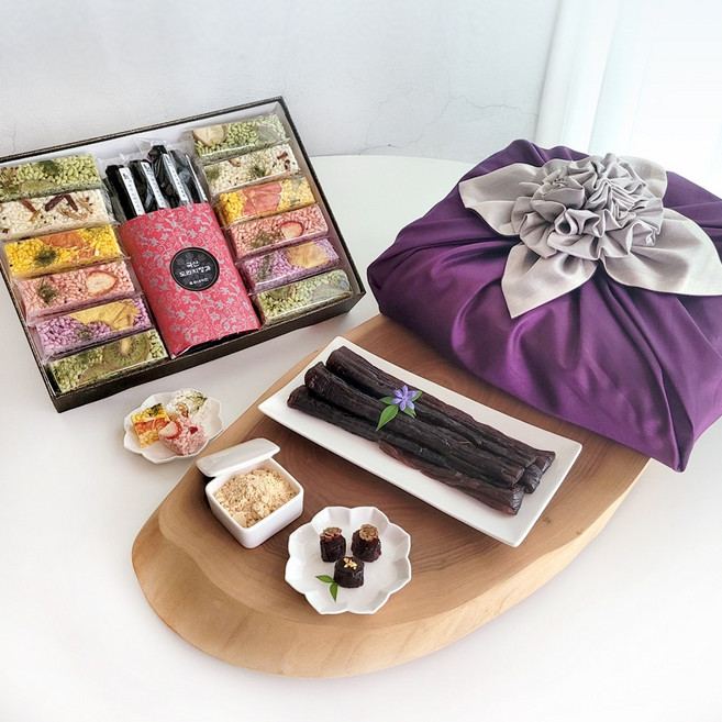 국산도라지정과 오색쌀강정 한과선물세트 상견례선물 이바지선물 어르신선물세트 부모님선물, 도라지정과 쌀강정 선물세트(실크 겹보자기), 400g, 1개