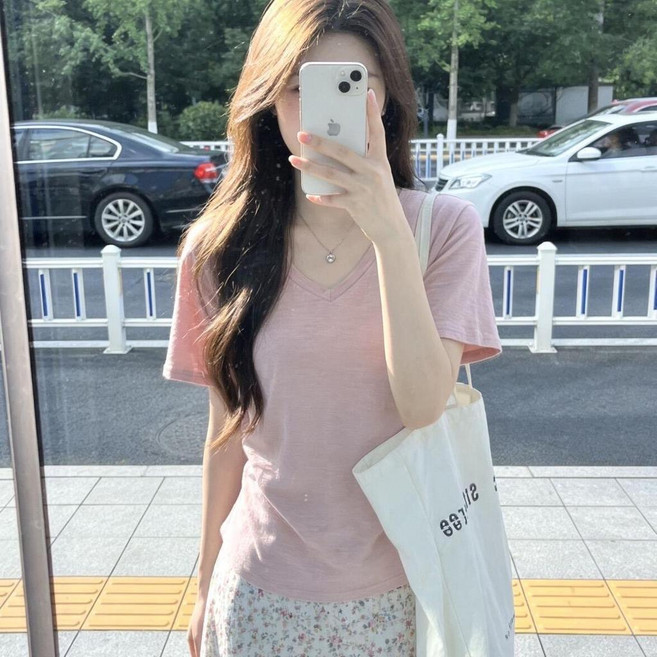 基礎款女短袖T恤 竹節棉寬鬆大V領上衣