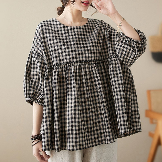 퀸앤조이 미녀77 로메이 깅엄체크 래글런 블라우스