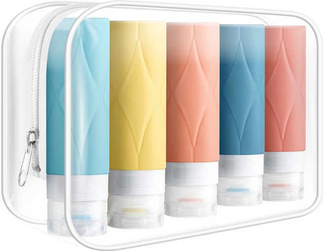 AMNCML 여행용 실리콘 공병 세트 누수방지 휴대용 90ml 5개입 파우치 포함 세척 간편 샴푸 로션 소분용기, 1세트, 혼합색