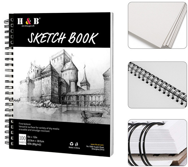 HB문화사 스케치북 100매 스프링 캔버스 하드커버 그림 스케치 드로잉북, 1개