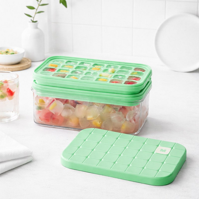 ROYAI ONE 대용량 원터치 푸쉬 얼음 트레이 사각 실리콘 얼음통 세트, 1개, 그린