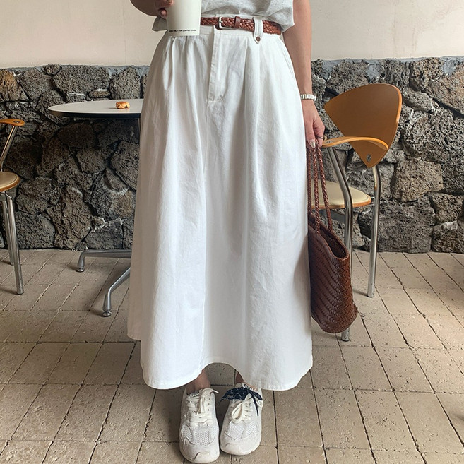 네모엔룩 에이핏코튼벨트 여성용 허리뒷밴딩 워싱면 A라인 캐주얼 플레어 벨트세트 롱 스커트 스커트1+벨트1 총2종