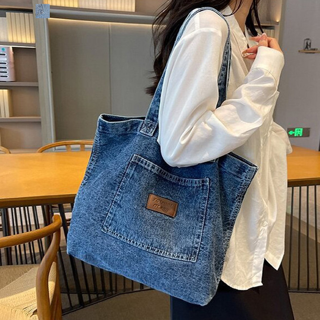 보니타콜렉티드 데일리 베이직 포켓패치 청 에코백 데님에코백 대학생가방