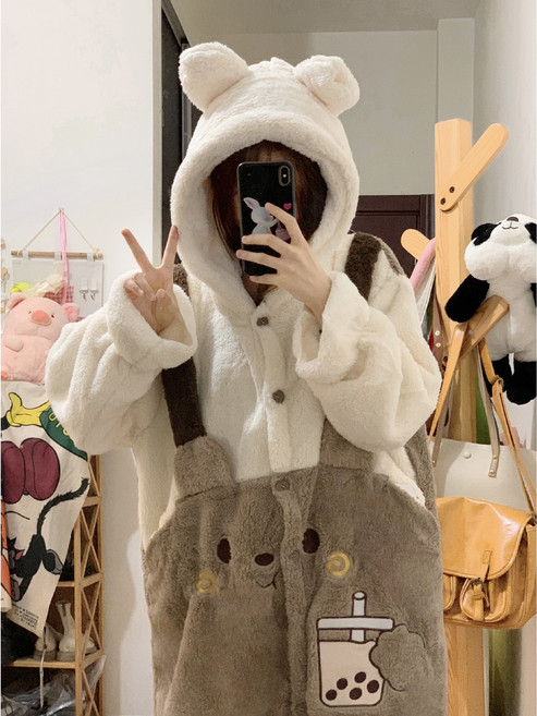 버블티 곰돌이 후드 극세사 롱 코트 원피스 잠옷 캐릭터 겨울 코트형 수면 파자마