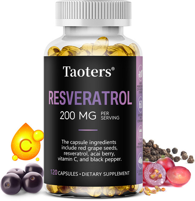 레스베라트롤 영양보충제 - 1회분 200mg - 적포도씨 레스베라트롤 아사이베리 비타민C 후추 - 항산화, 3개, 60정