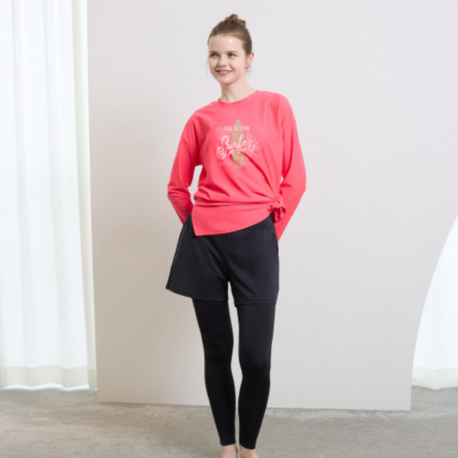 [매장정품] 베이직 엘르 BASIC ELLE 여성인 루즈핏 래쉬가드 워터레깅스 비치반바지 세트 BEL-X205R, 3XL