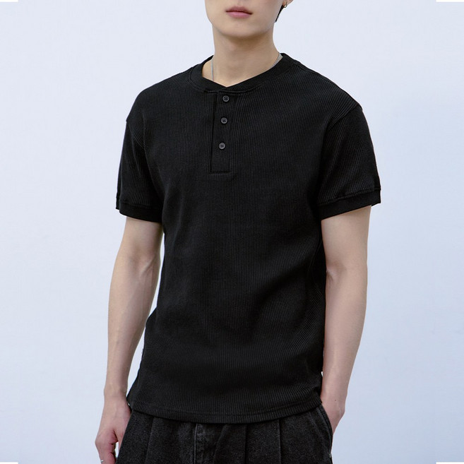 아테즈 남성용 3버튼 헨리넥 반팔 티셔츠