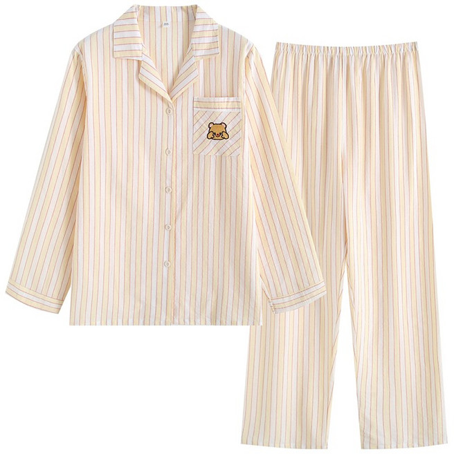 Soyoonlife 여성 잠옷 워싱 면 긴팔 홈웨어 스트라이프 면 100% 상하세트 파자마 루즈핏 팬츠