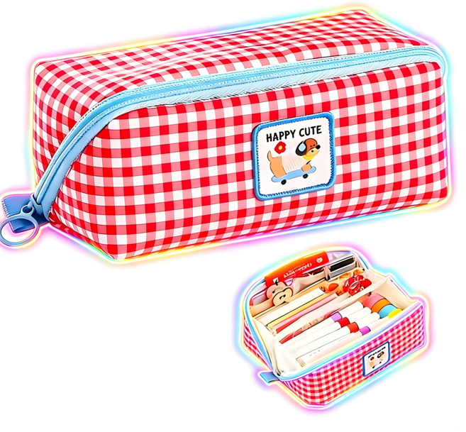 SC FMCG 컬러풀 지퍼개방형 대용량 필통 수납 패브릭 펜파우치, 1개, 레드