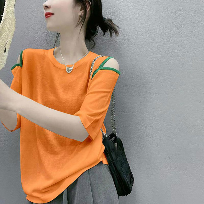 MOSAIRATION 여성 여름 컬러 블록 오프숄더 아이스 실크 루즈핏 원형넥 반팔 티셔츠 B0032806