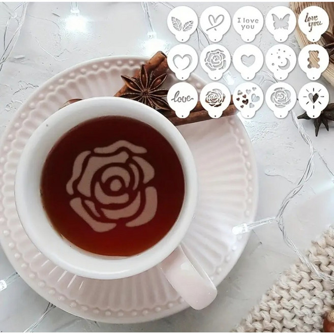 [라떼아트 베이킹 스텐실 15개 세트]카푸치노 라떼아트 핫초콜릿 케이크 떡 쿠키 장식 커피 바리스타 도구 베이커리카페 홈 베이킹 음료 디자인에 적합 재사용 가능, 1개