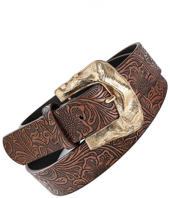 엠보싱 플라워 핀 버클 벨트 웨스턴 허리밴드 빈티지 허리스트랩 PU 가죽 바지 벨트 허리 장식 일상 사용