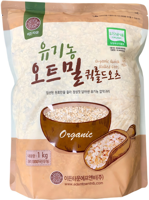 이든타운 유기농 오트밀 퀵롤드오츠, 1kg, 1개