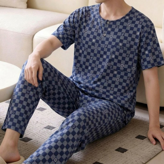 男士夏季短袖長褲棉綢睡衣套裝 家居休閒可外穿