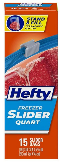 Hefty 슬라이더 프리저 냉동 보관 지퍼백 56개 갤런 사이즈 151973, Quart 15 Count