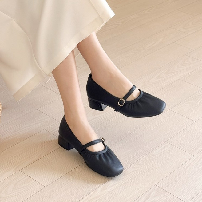 슈뿐 메리제인 셔링 스퀘어토 미들굽 발편한 데일리 여성구두 3.5cm