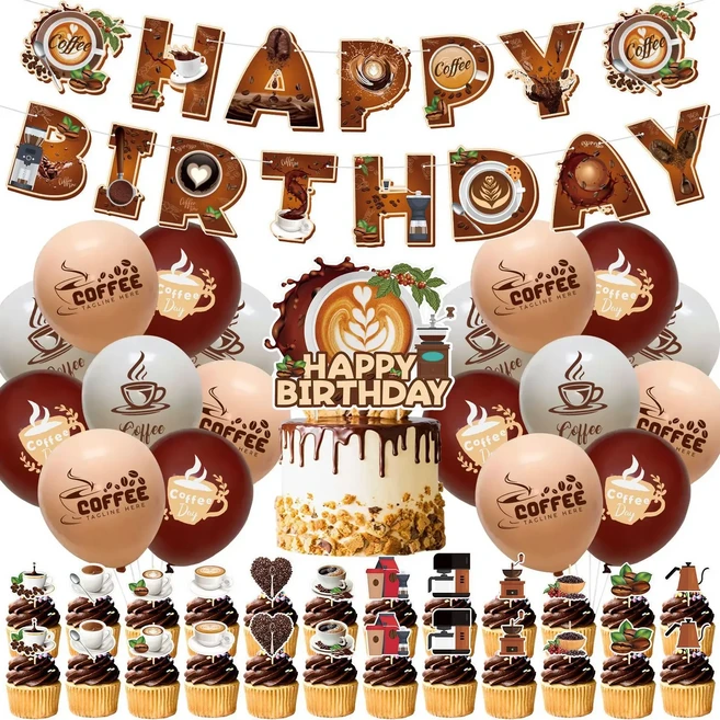 커피 생일 장식 파티 용품 축하 배너 케이크 토퍼 풍선 테마, 01 Coffee, 01 1SET