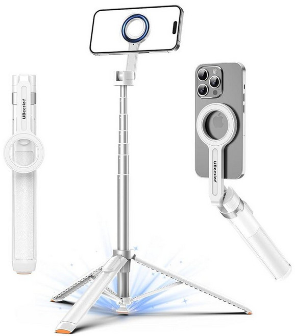 UBeesize 아이폰용 70인치 자동 오픈 마그네틱 삼각대 리모컨이 있는 MagSafe 셀카봉 녹음 여행 및 블로깅용 휴대용 휴대폰 스탠드 아이폰/안드로이드와 호환 (, 화이트