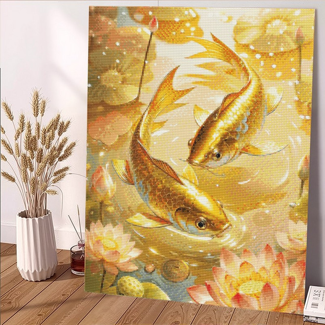 wonderful live 보석십자수 대형 DIY 키트 캔버스형 액자 풍경 인물 해바라기 꽃식물 부엉이 40 x 50 cm, 1개, 황금 잉어 -1