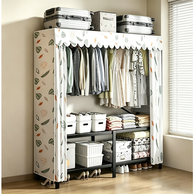 GOOD MOMENT 커튼형 행거 대형 수납 옷장 설치 없이 바로 사용 가능 옷걸이 철제 프레임 간이 옷장, 화이트 리프