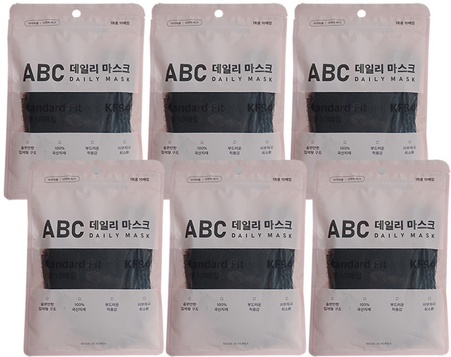 ABC 데일리 마스크 KF94 대형, 10개입, 6개, 검정색