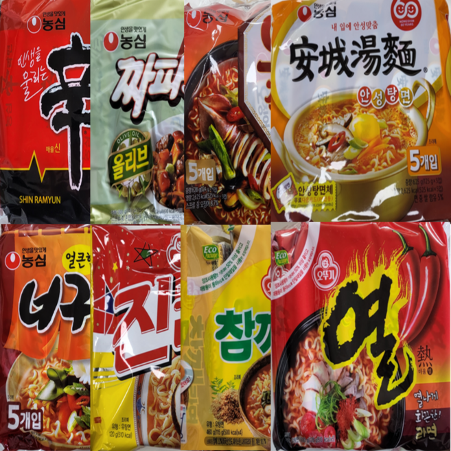 농심 오뚜기 BEST 봉지라면 8종류 총 16봉지 (신라면2 짜파게티2 너구리2 오징어짬뽕2 안성탕면2 진라면매운맛2 참깨라면2 열라면2), 1세트