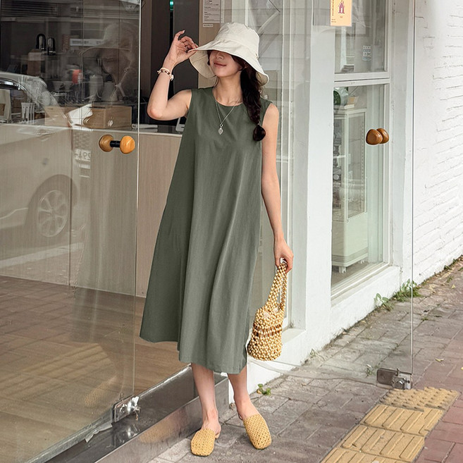데일리앤 도미닉 기장선택 바스락 쿨 여름 냉감 민소매 롱 원피스 빅사이즈 시원한 키작녀 나일론 원피스