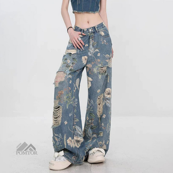 POMTOR 여성 디스트로이드 청 팬츠 프린트 루즈핏 청바지