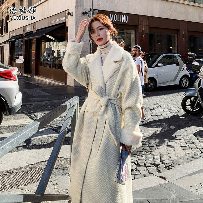 맥시 롱 코트 양털 스티칭 격자 무늬 모직 여성용 겨울 여분 긴 무릎에서 발목까지