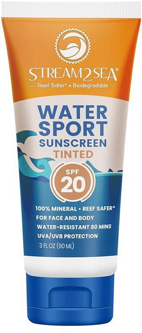 Stream2Sea SPF 30 암초 안전 스포츠 틴트 자외선 차단제 천연 방수 산호 및 해양 친화적인 미네랄 선블록 중성 색상 UVA UVB 85g(3온스) 184, SPF 20