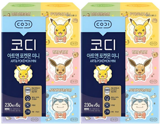 코디 아트앤 포켓몬 미니 천연펄프 각티슈 2겹 랜덤발송, 230매, 12개