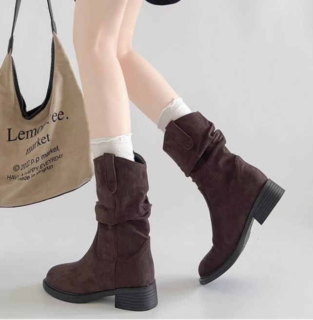 FINE ART 여성 춘추 빈티지 셔링 부츠 스웨이드 캐주얼 하프 미들부츠