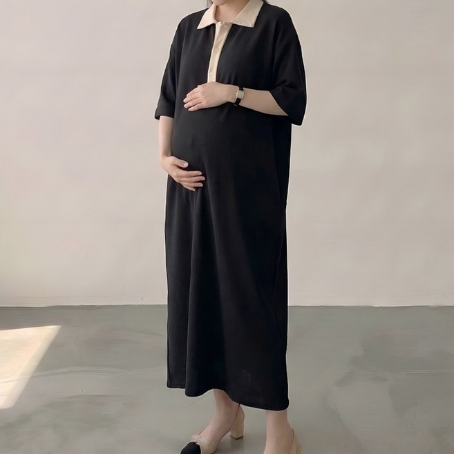 [당일출고] 수엠W 임산부 배색 카라 롱 원피스 만삭 임부복 빅사이즈 등원룩 수유복 겸용 T04 무카반팔원피스