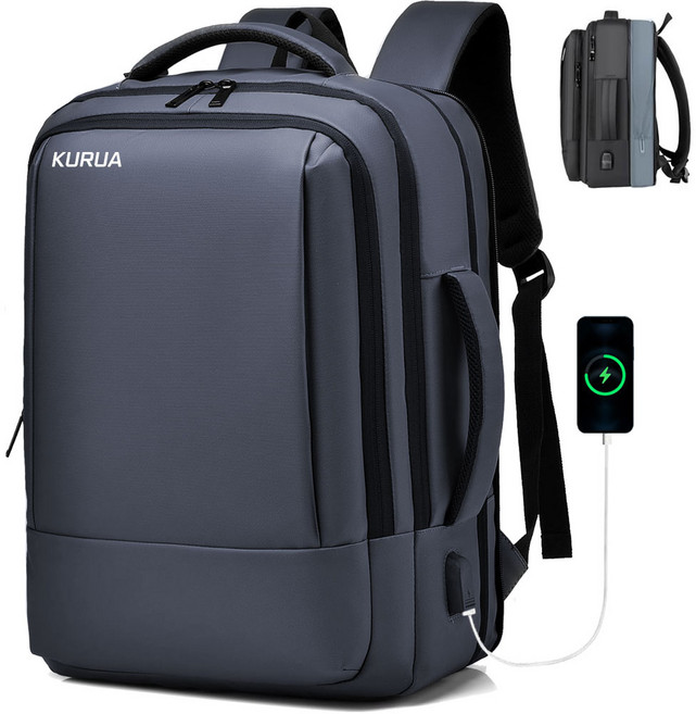 KURUA 확장형 직장인 대학생 대용량 여행용 17인치 방수 노트북 백팩, 그레이
