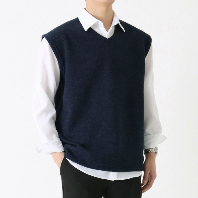 지지블랙 네이션 촤르륵 무지 박시 오버핏 니트 브이넥 조끼 베스트 레이어드 ZZBVT003