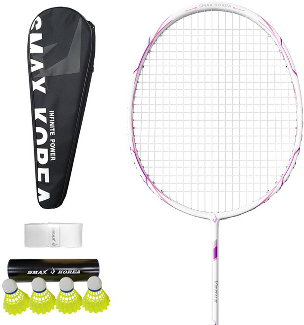 스맥스코리아 풀카본 초경량 배드민턴 라켓 비너스 7u + 그립 + 셔틀콕4p