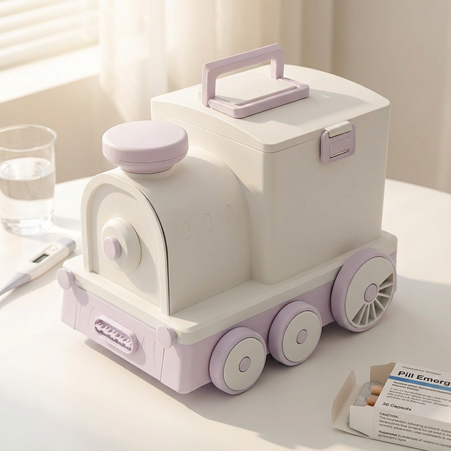 마술사 가정용 기차 모양 구급상자 약 정리함, 1개, 핑크