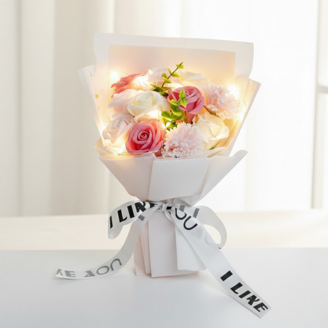 장미 꽃다발 조화 비누꽃다발 LED전구 쇼핑백 편지 세트, 1개, 핑크
