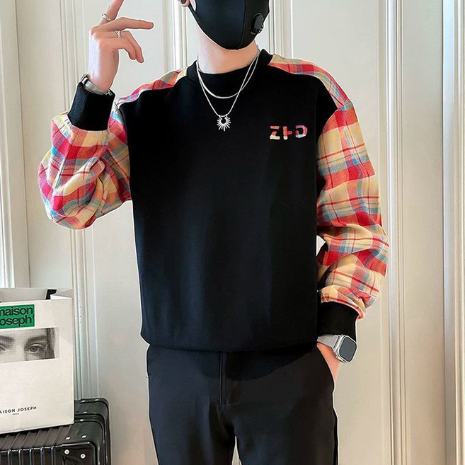 ORZQU 봄가을 남성 라운드넥 체크 루즈핏 맨투맨