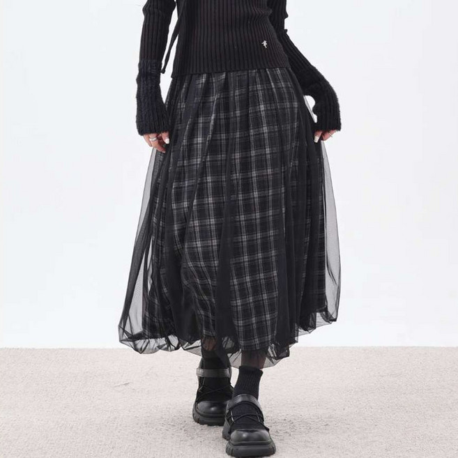 이서어패럴 양면 시스루망사 샤 체크 A라인 벌룬롱스커트 6129