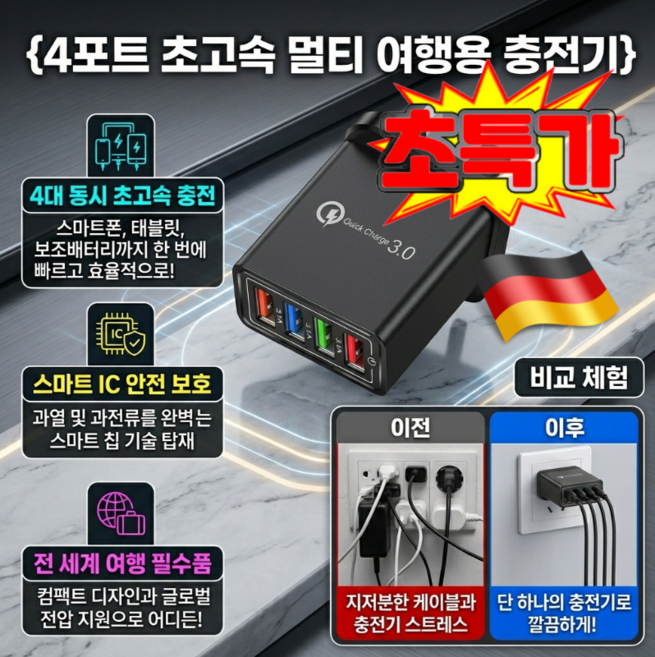 1/1+1[BEST 선택!]4포트 초소형 여행 충전기 고속 충전 지원 다기기 동시 충전 가능한 미니 휴대용 여행용 스마트폰 충전기, 유럽 규격 - 흰색, 2A-12W