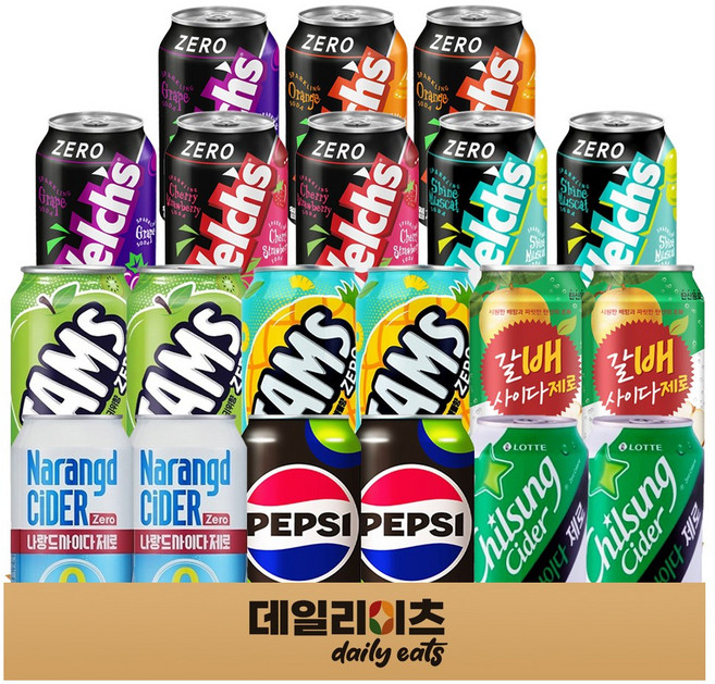 [데일리이츠] 제로칼로리 탄산음료 10종 20캔 (펩시제로 사이다제로 웰치제로 오렌지 포도 샤인머스켓 체리스트로베리 탐스제로 사과키위 파인애플 레몬), 1세트, 355ml
