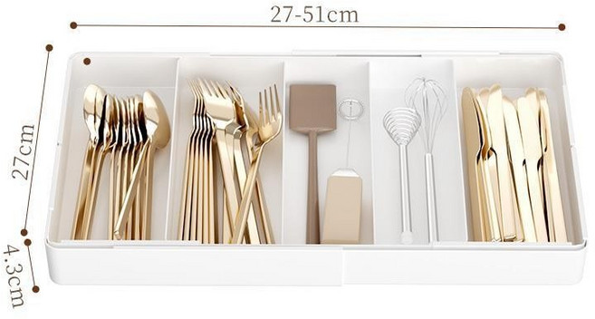 分隔整理盒 餐具收納抽屜盒, 三分格+左右伸縮【白色款】, 1個